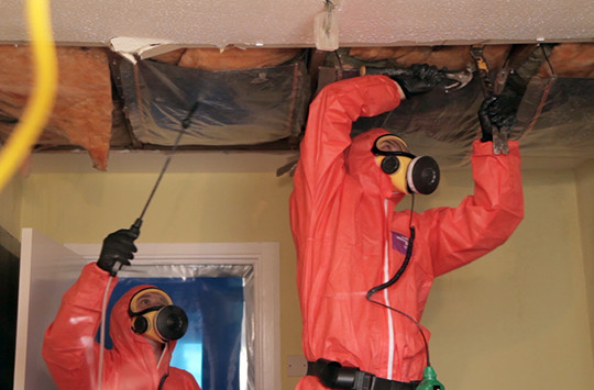 2 red suited figures working on ceiling cavity materials